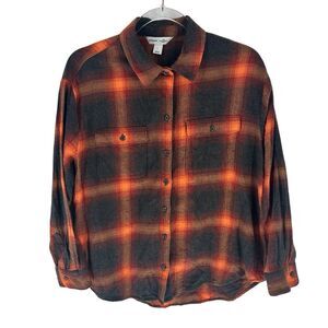 Old Navy Flannel Shirt Women L Orange Plaid Boyfriend Taylor Swift Evermore